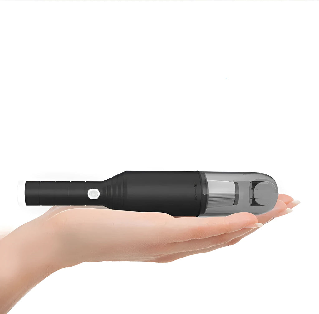 Wireless car vacuum cleaner in black or white with 450ml dust bin, extension hose, flat mouth long mouth, round mouth brush, adapter, and charger