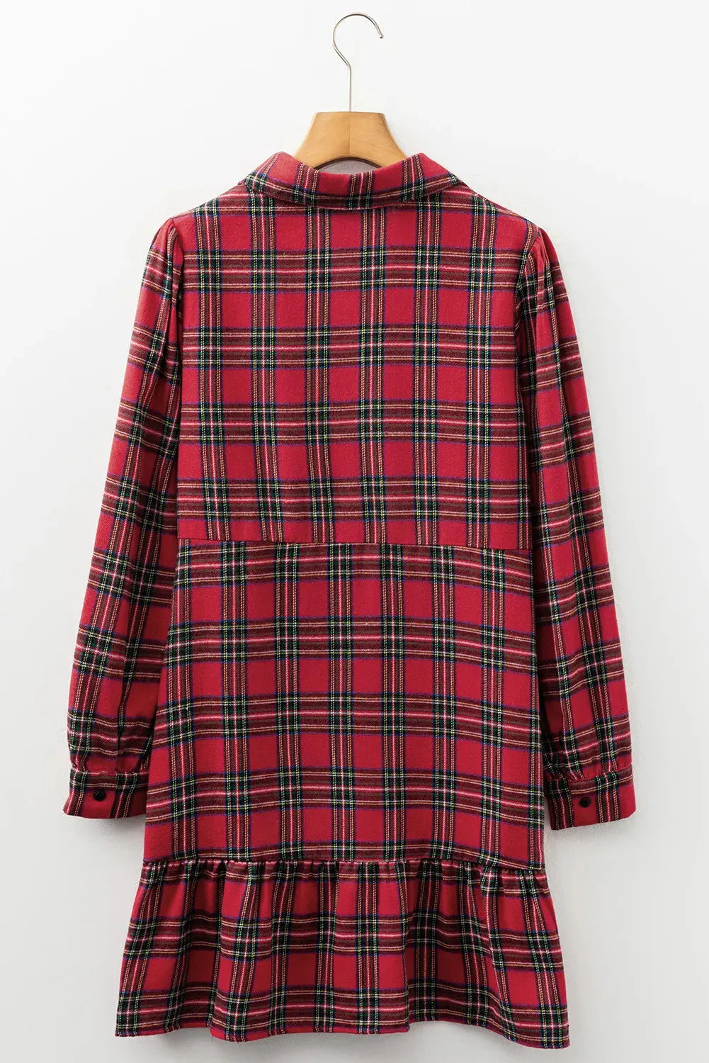 Red plaid shirt collar mini dress with half-button front and ruffle hem detail