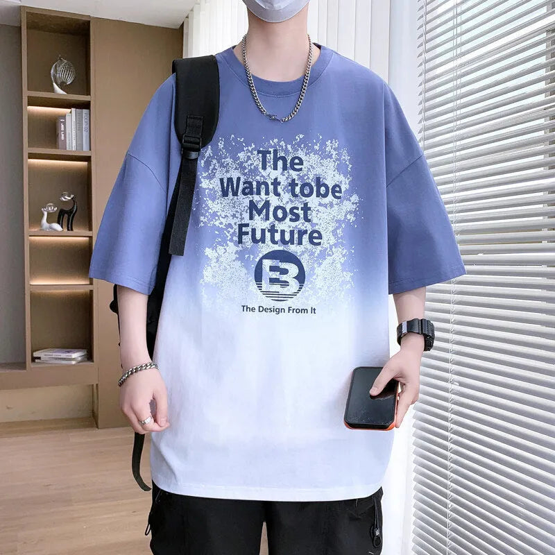 Boys blue Jacquard print letters T-shirt with drop-shoulder short sleeves