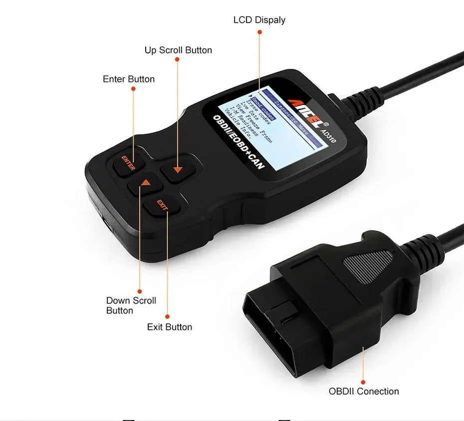 Black universal OBD2 car diagnostic scanner with engine fault detection capability