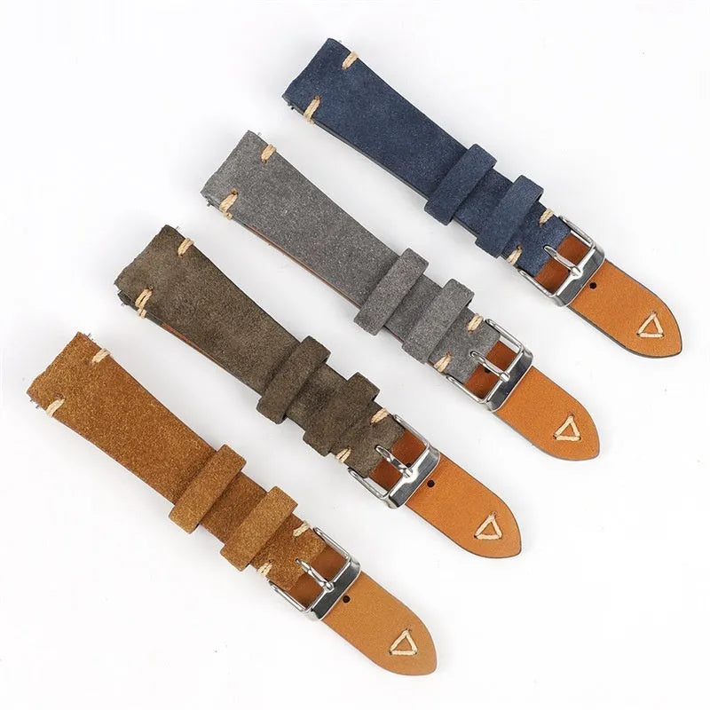 Genuine suede leather watch strap in Army Green, shown alongside brown, blue, and grey options for 20mm and 22mm watches.