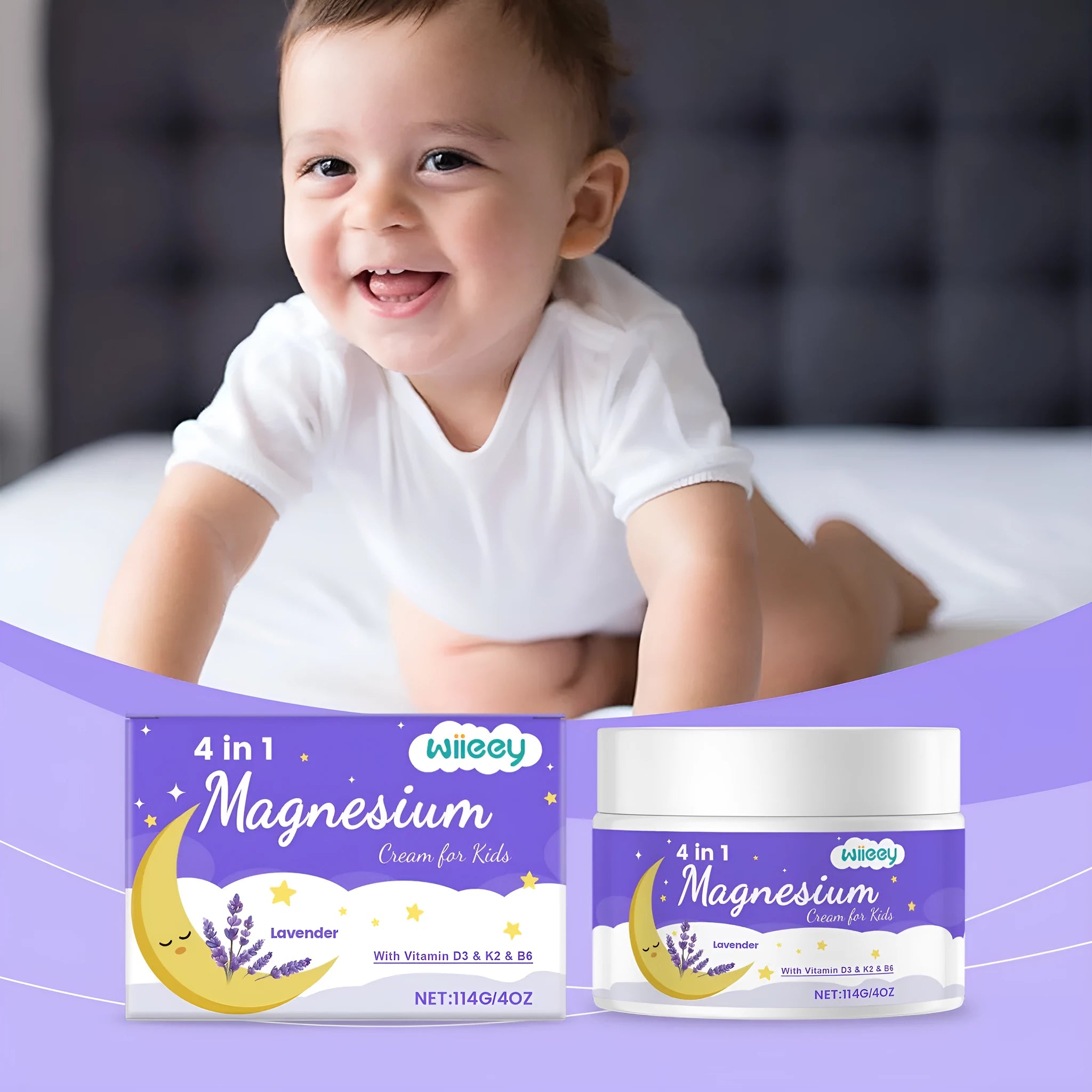 114g jar of children's 4-in-1 magnesium cream with vitamins D3, K2, B6