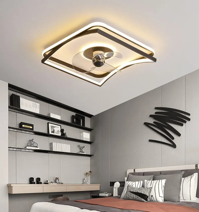 Modern black ceiling fan lamp with light, shown in annular, round, and square style options.