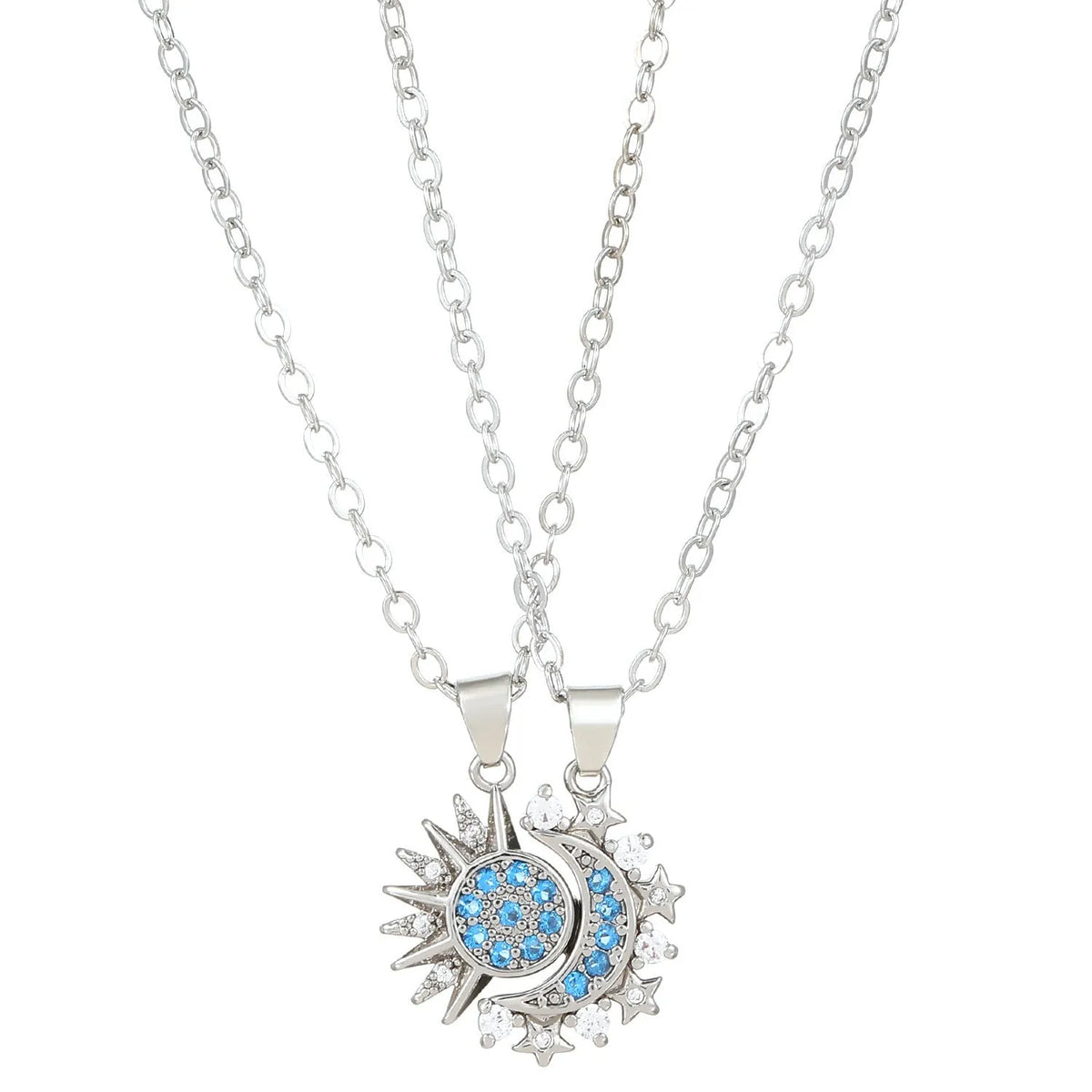 Two copper sun and moon magnetic pendant necklaces on a white background, clavicle chain length, set for couples