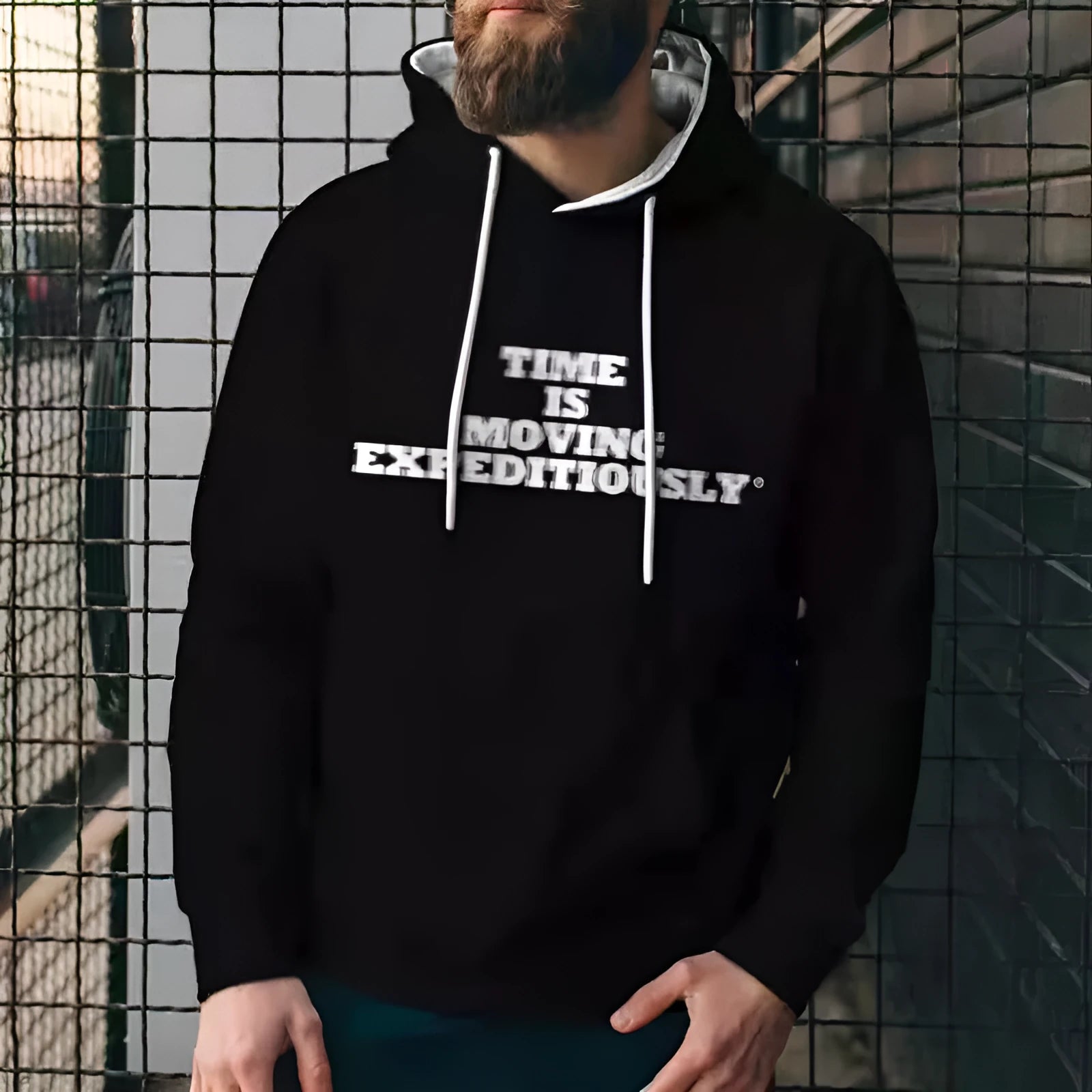 Men's solid colour polyester hoodie with 3D print, loose fit, round neck, long sleeves in black