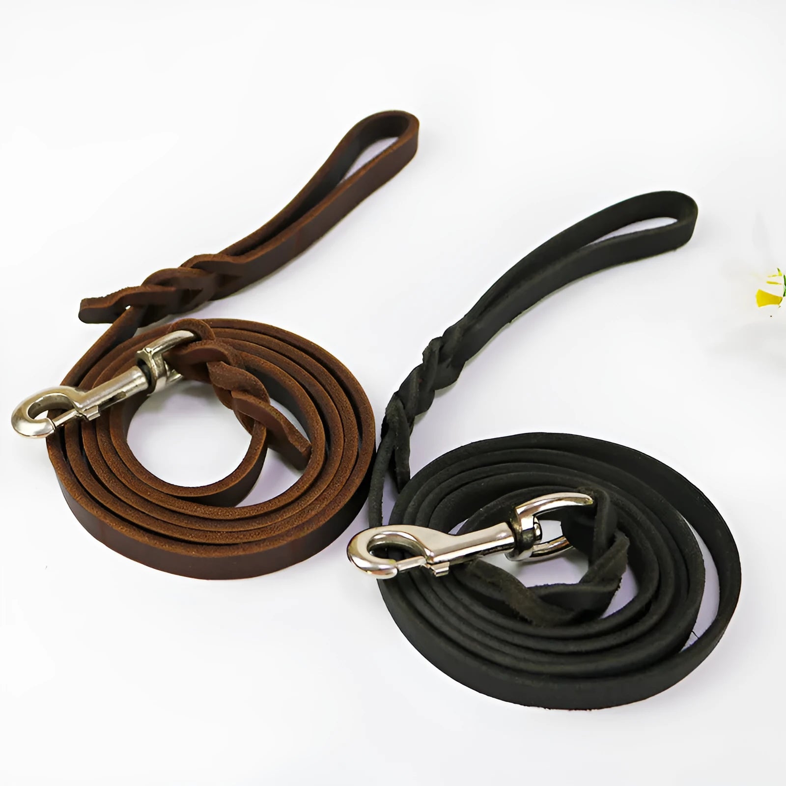 Thickened cowhide dog walking rope in light brown and black colours with multiple length options