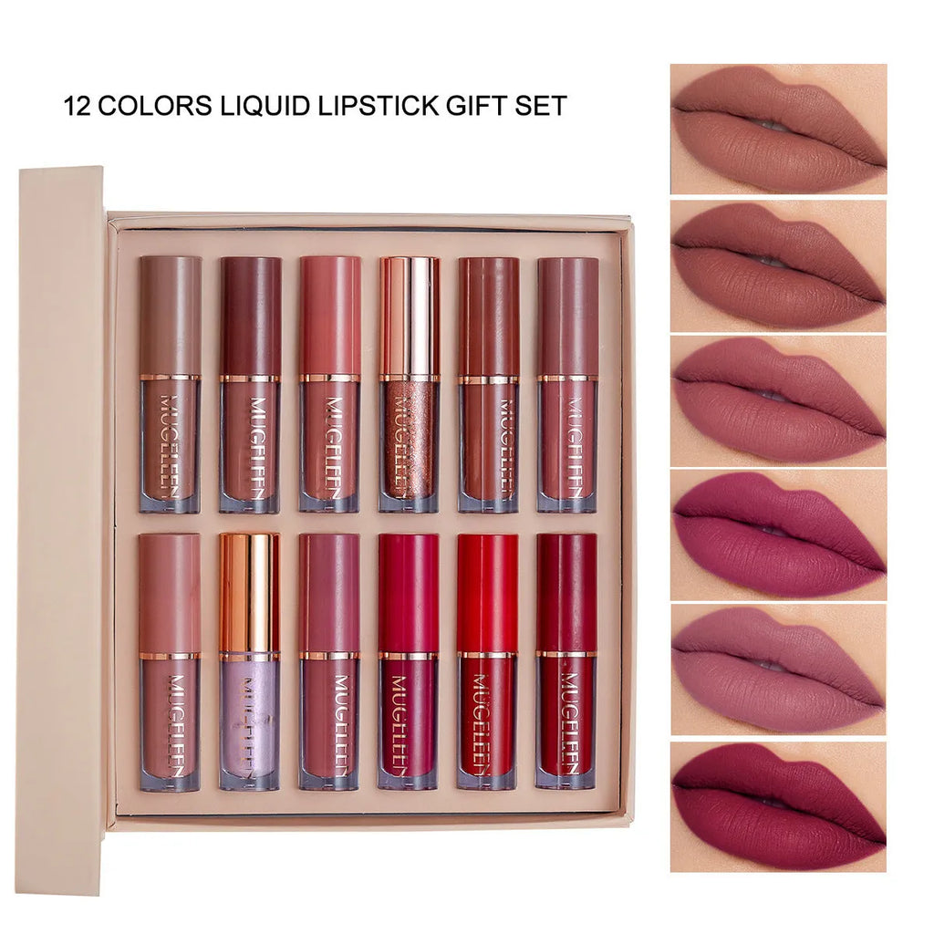 12-piece matte shimmer lip glaze set in neutral colours with no-stain on cups formula