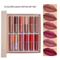12-piece matte shimmer lip glaze set in neutral colours with no-stain on cups formula