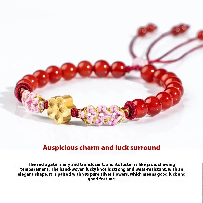 Hand-woven red rope bracelet with diamond-shaped crystal peach blossom elements in Chinese style