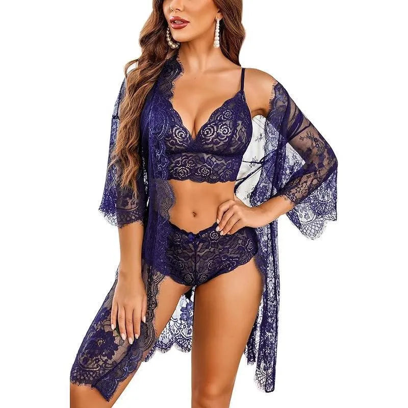 Ladies lace underwear set in apricot colour made from polyester fabric.