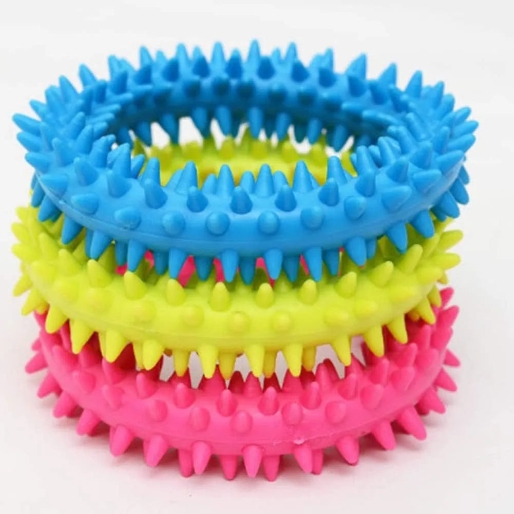 TPR spiky circle ring dog chew toy in assorted colours for dental cleaning and bite training