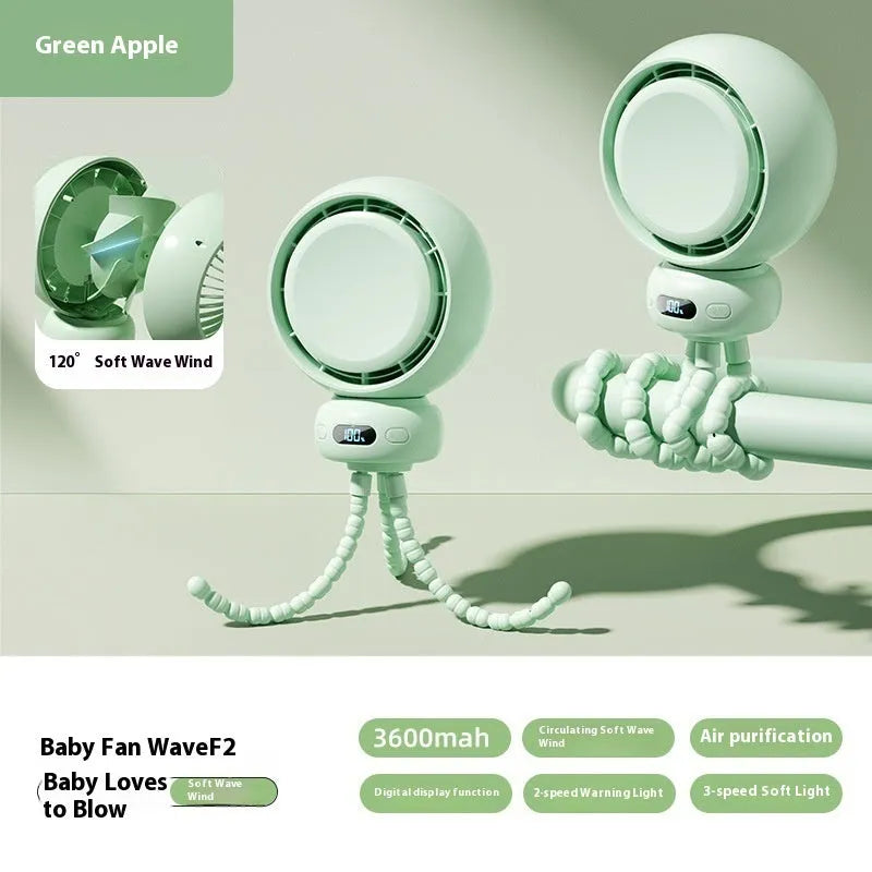 Clip-on portable stroller fan with USB cable, shown in beige colour with three plastic blades.