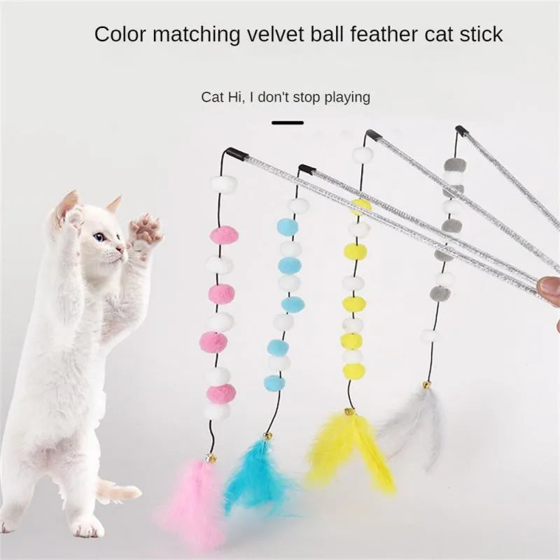 31cm acrylic cat teaser stick with contrast pompon feathers and bell in blue, grey, pink or yellow