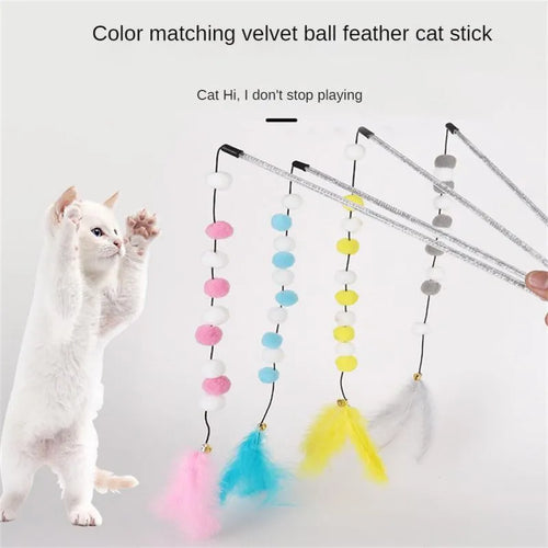 31cm acrylic cat teaser stick with contrast pompon feathers and bell in blue, grey, pink or yellow