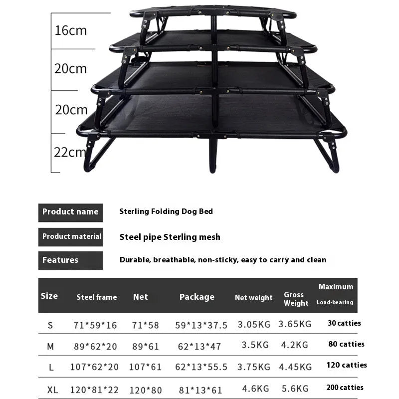 Pet dog iron frame mesh camp bed with steel pipe construction, folding design, and included mattress in size XL.