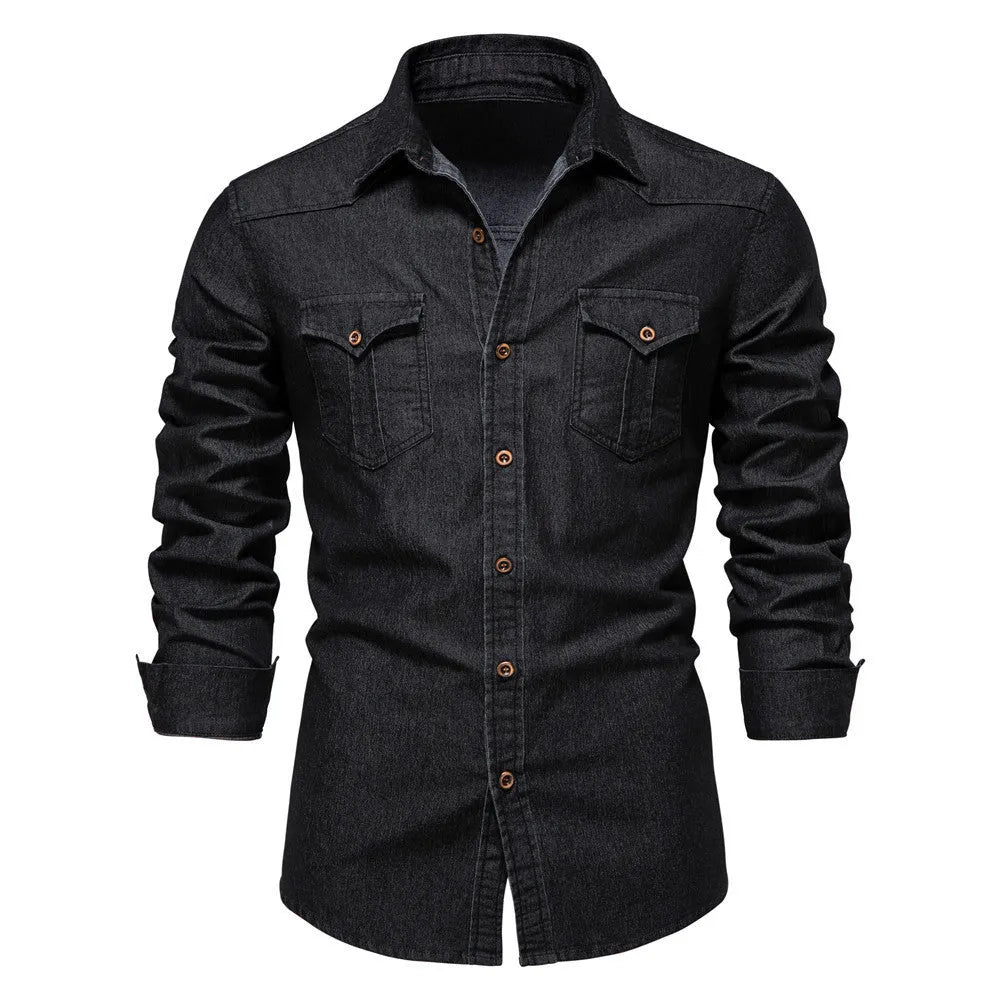 Men's slim fit long sleeve denim shirt in a solid colour on a hanger.