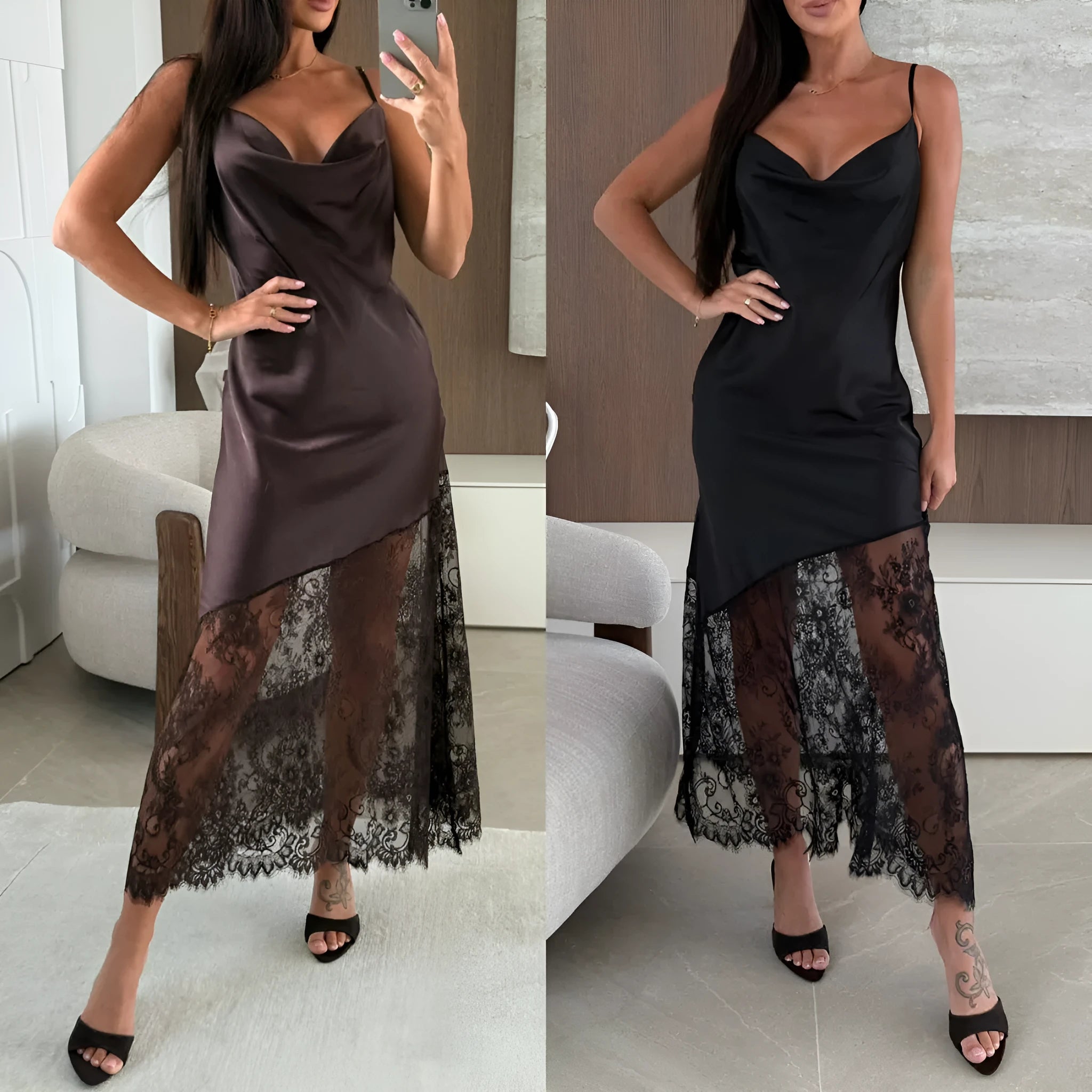 V-neck lace-trimmed long camisole dress in solid colour satin fabric, strapless and sleeveless with patchwork skirt