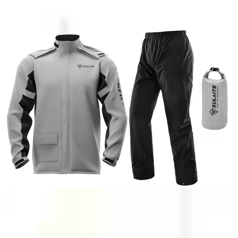 Motorcycle rain suit set with split raincoat, trousers, shoe covers and storage bag