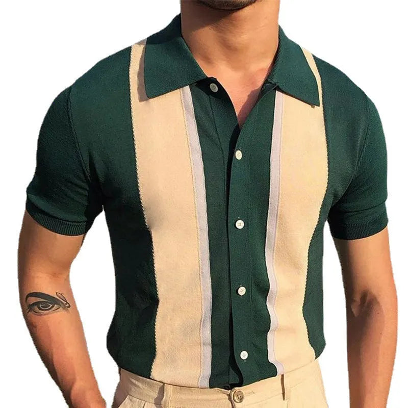 Men's lapel collar contrast colour knit short sleeve POLO shirt in black and green