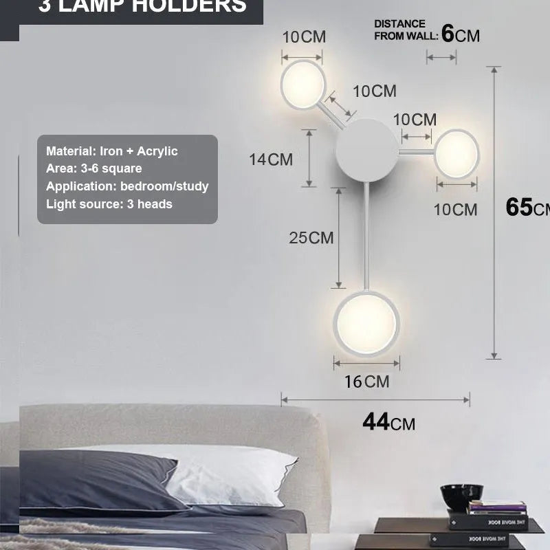 Contracted bedroom wall lamp iron acrylic 6-head 54W 96.5cm wide mounted on wall in black finish