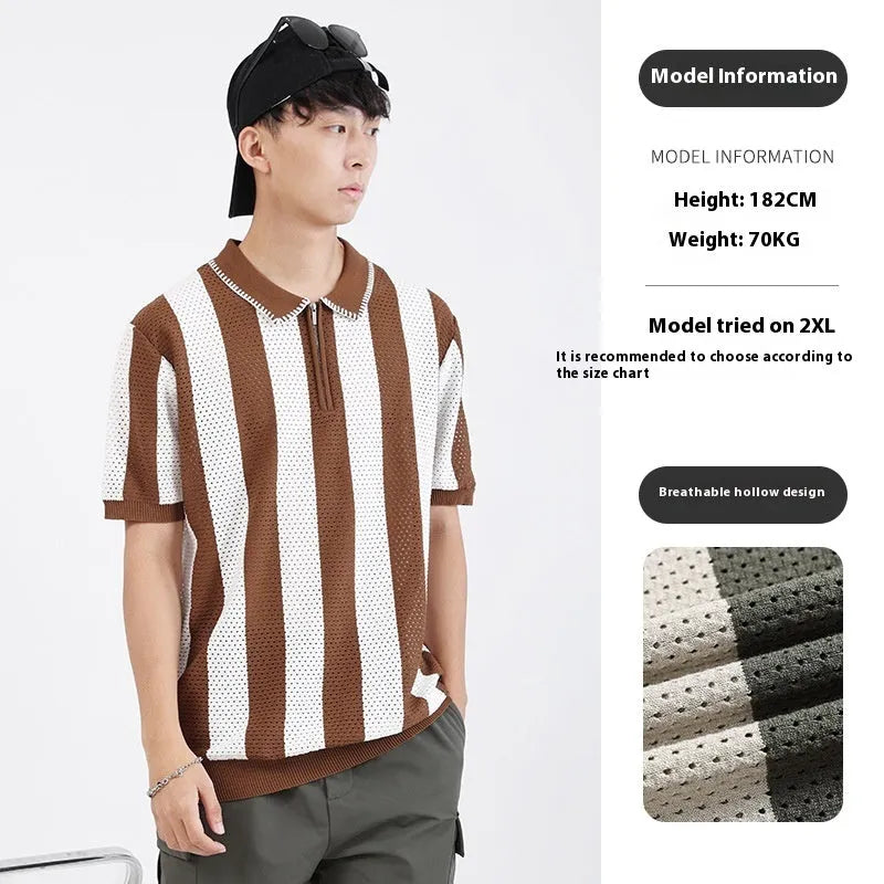 Men's short sleeve summer sweater in viscose with stripe pattern and zipper details