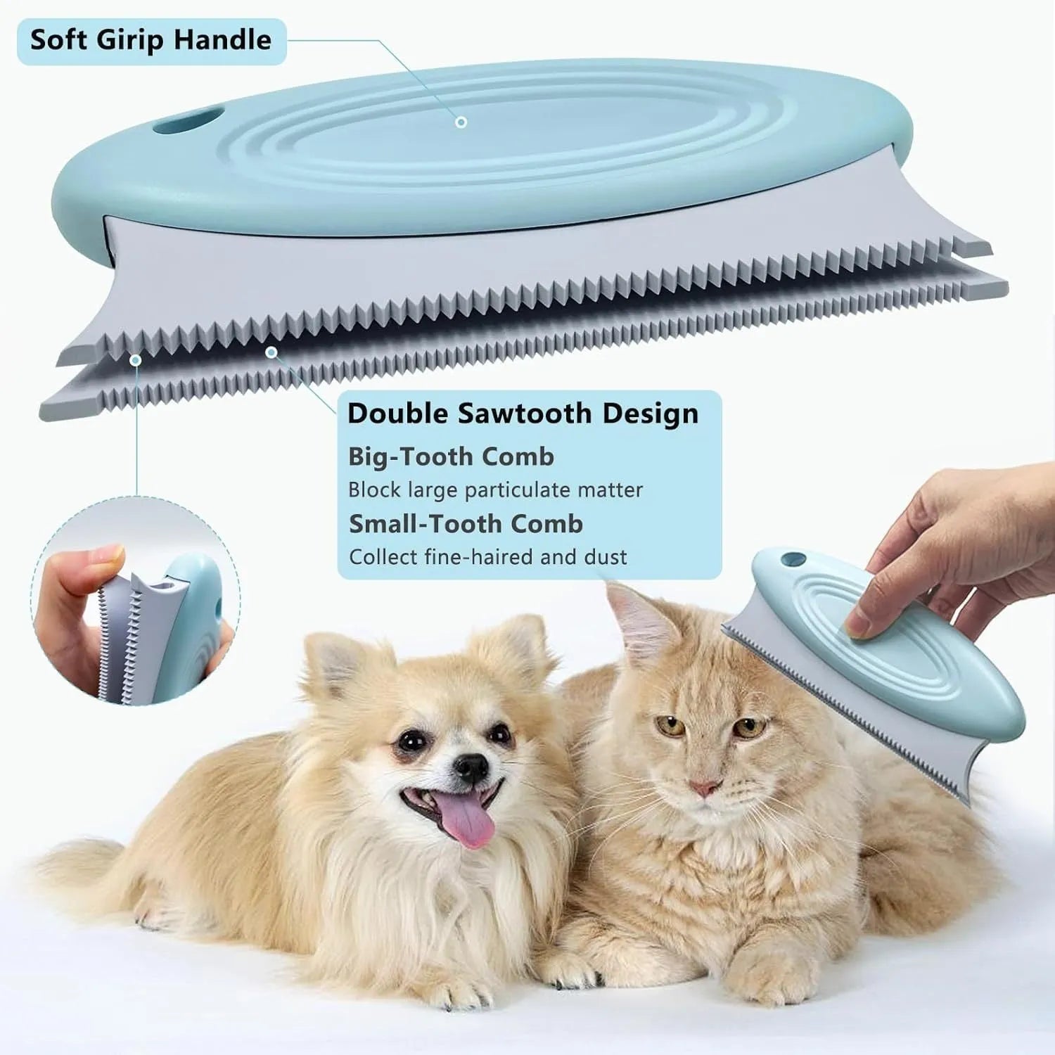Green three-piece pet hair remover set with metal, silicone, and round cleaning tools on a fabric background.