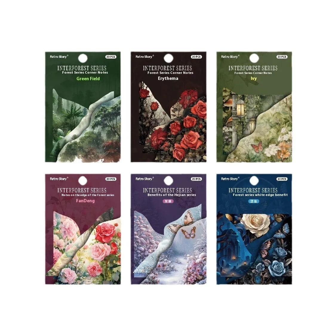 Set of colourful bookmarks with spring vine, pink plum, red rose, blue, green wild, and purple dew designs
