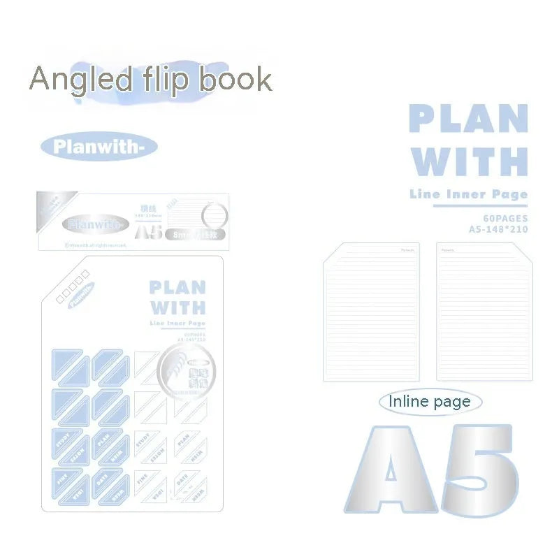 Oblique angle artsy ins style student notebook in A5 or B5 size with white or blue plaid cover.