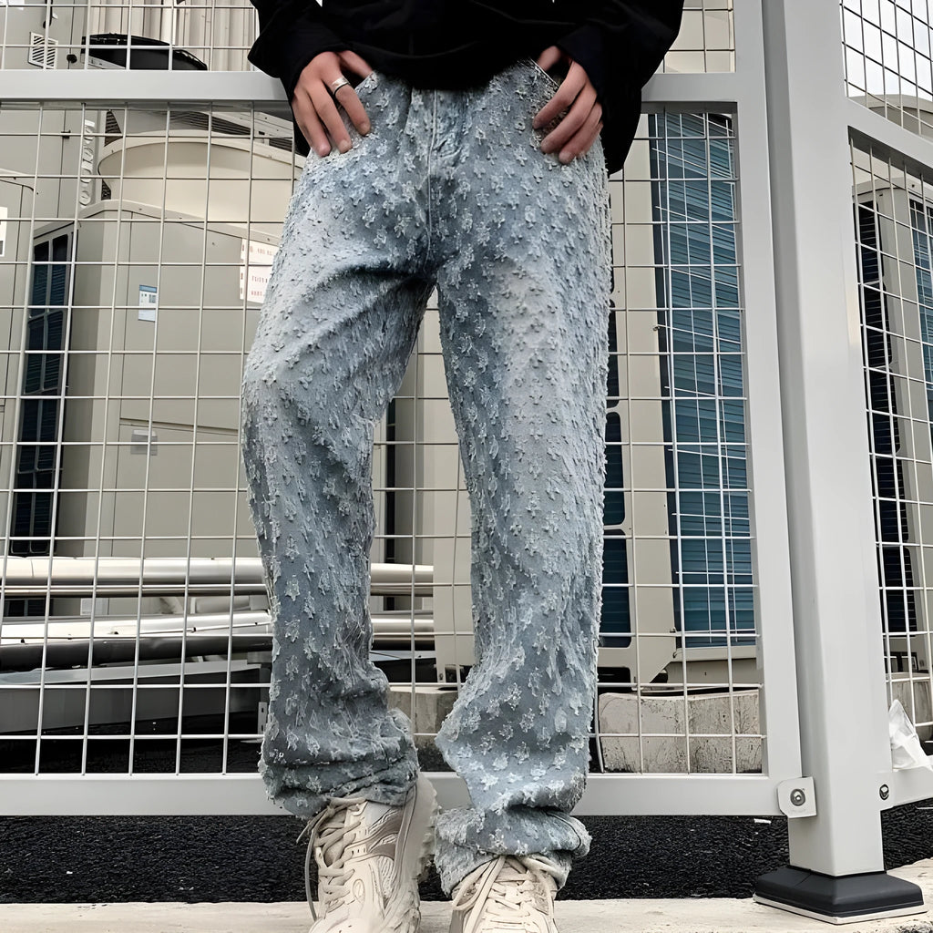 Black jacquard full-print denim jeans for men, casual streetwear long pants with button fly