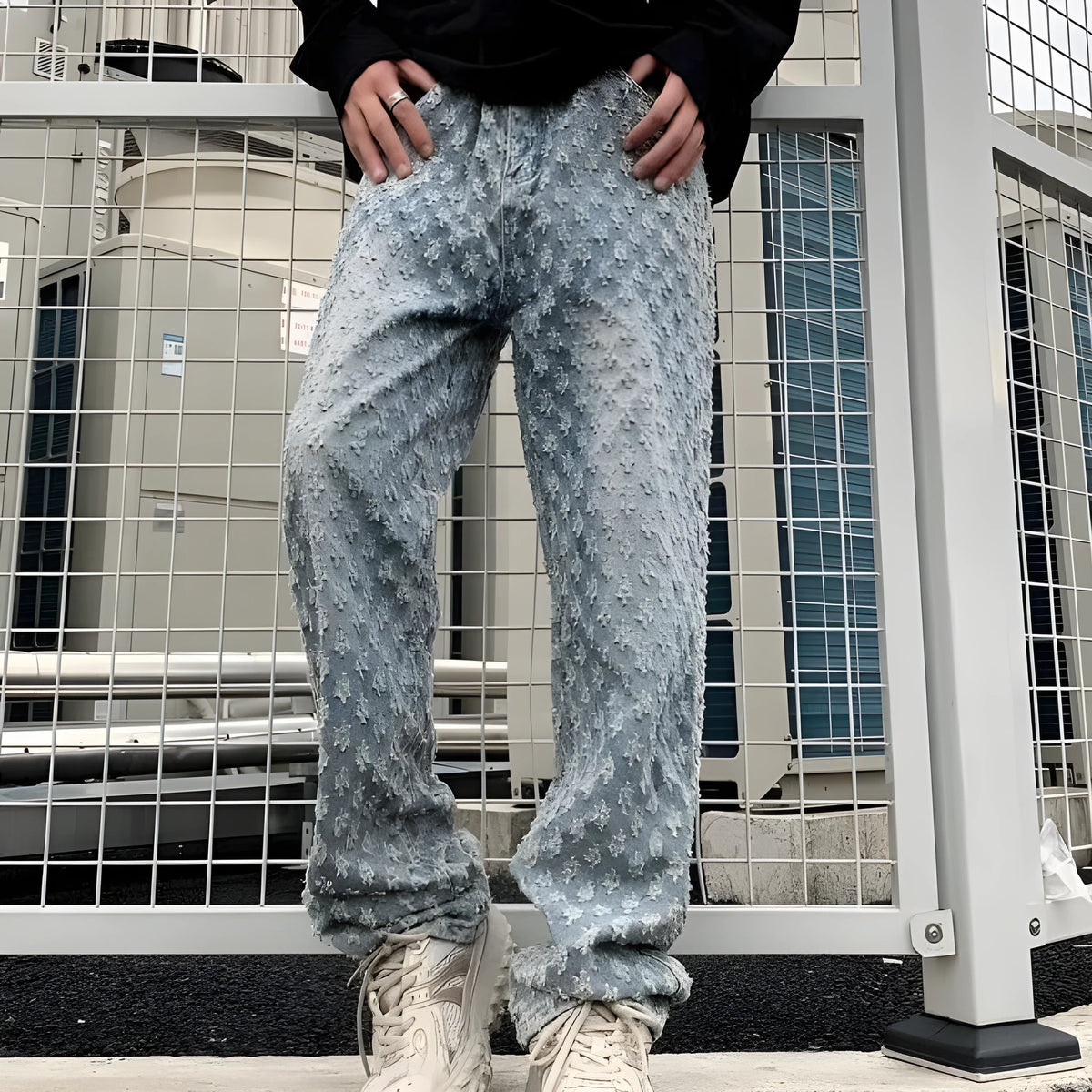 Black jacquard full-print denim jeans for men, casual streetwear long pants with button fly
