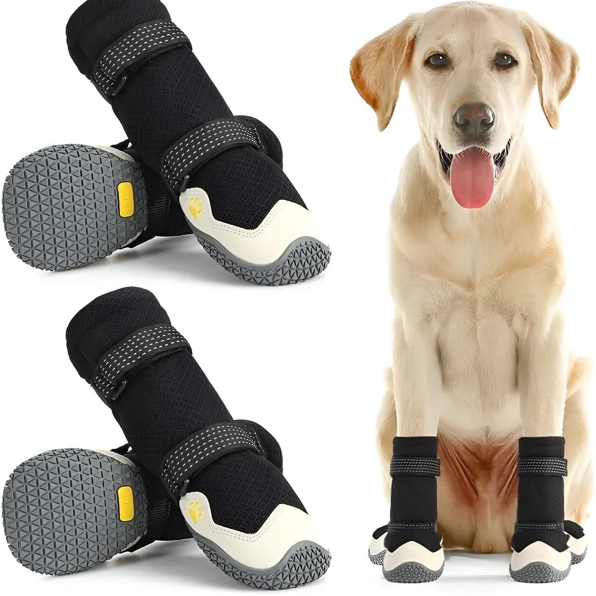 Soft-soled no heel slippage rubber dog shoes for medium large dogs in black and grey cloth