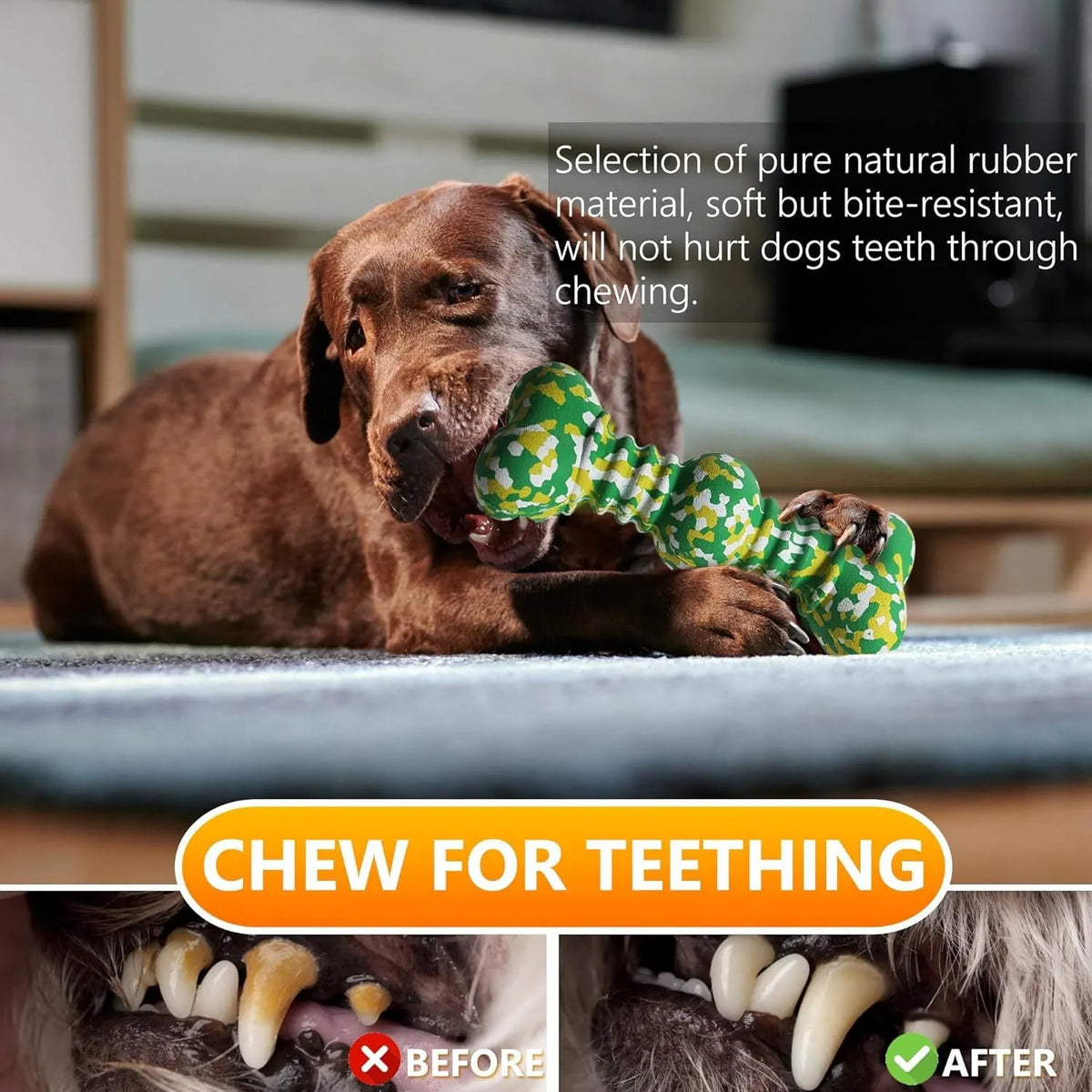 Dog chew toy made of natural rubber and bamboo fibre with unique camouflage pattern, available in S and L sizes.