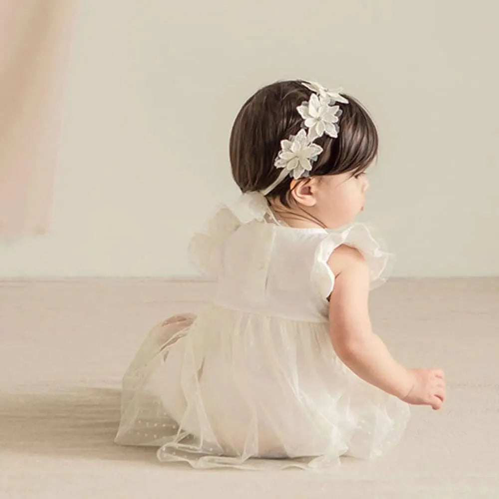 Baby girls headband with double bow-knot and lace floral design in soft cloth material