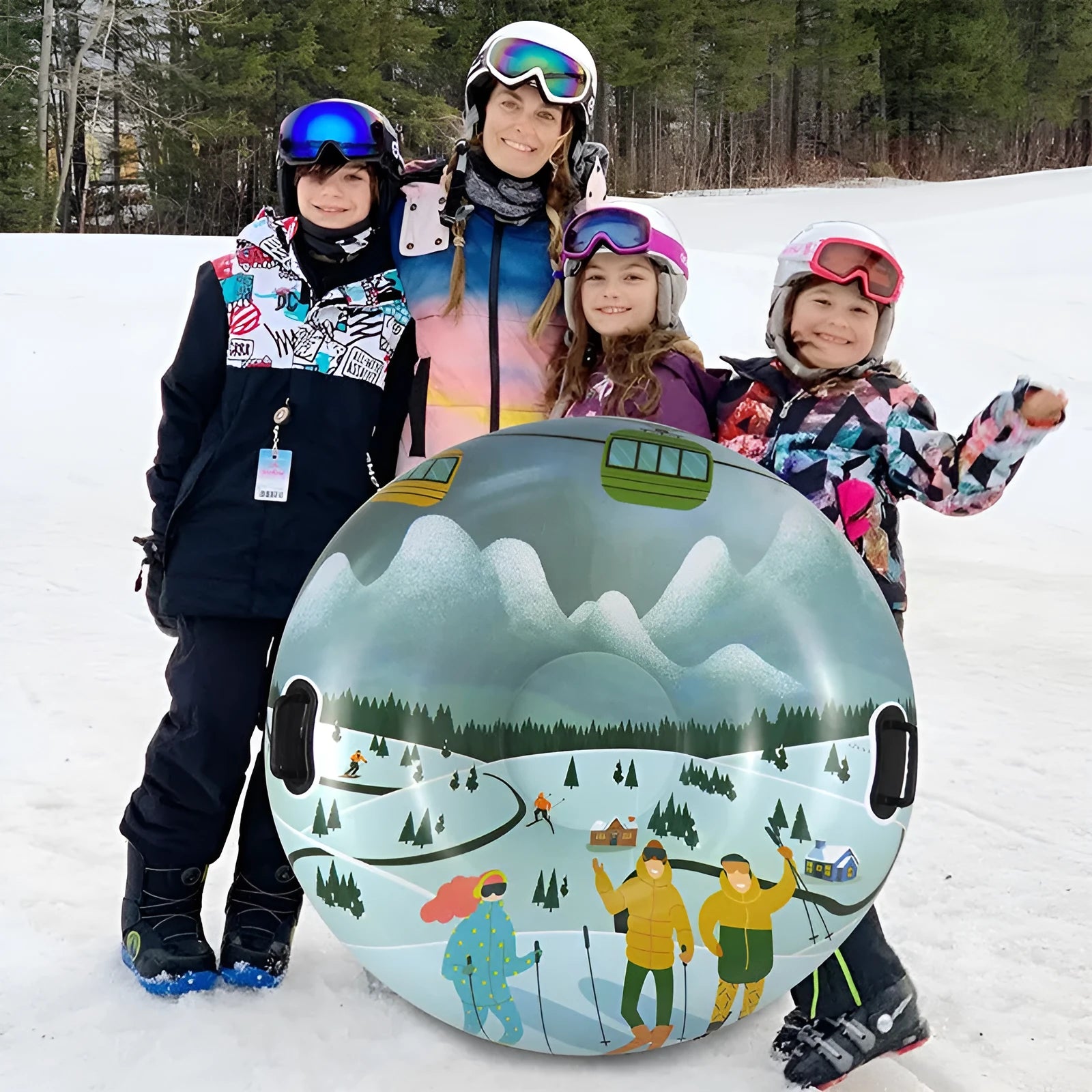 PVC winter thick ski ring toy in red, blue, or snow mountain design for outdoor snow play