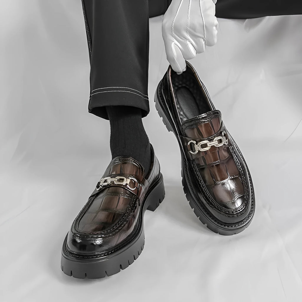 Men's black crocodile pattern leather platform loafers with flat heel