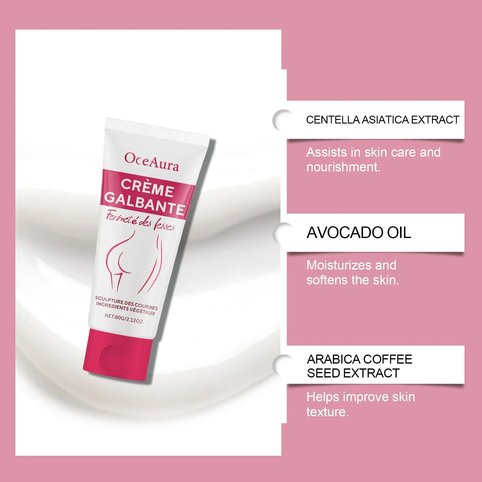 60g hip neck cream jar with moisturising formula containing Centella Asiatica and Coffee Seed extracts