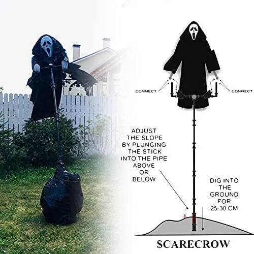 Plastic skeleton scarecrow Halloween decoration with screaming skull design measuring 70cm by 40cm