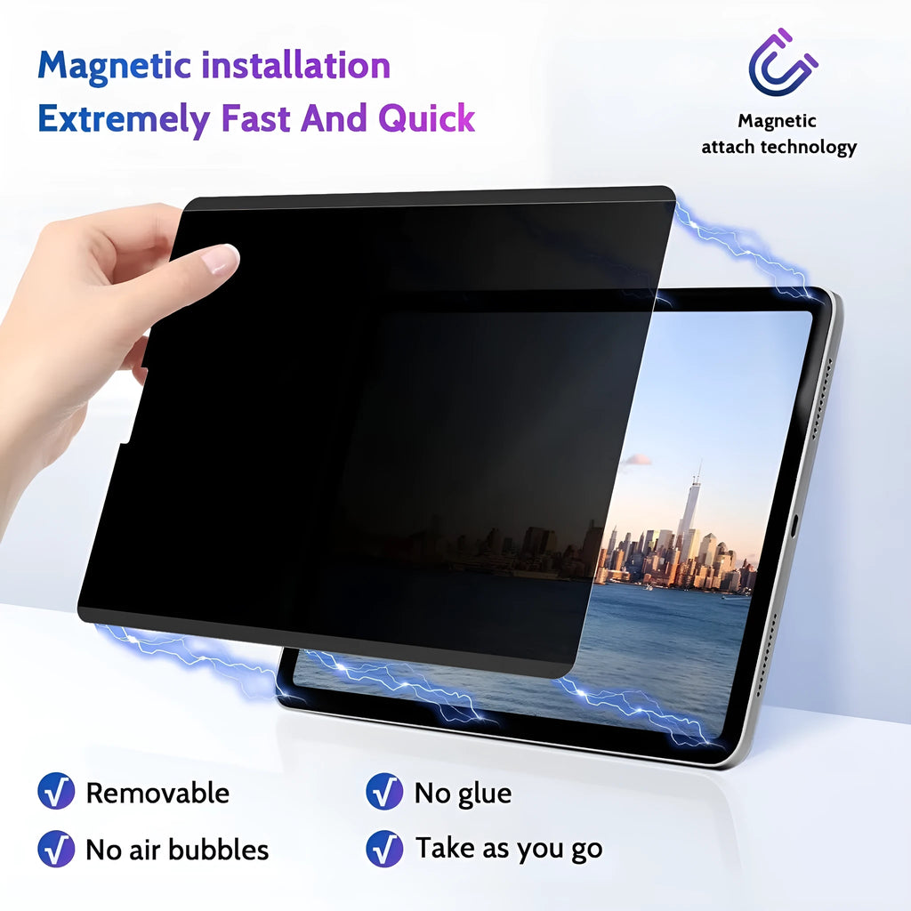Magnetic suction anti peeping film for iPad with storage clip and multiple size options
