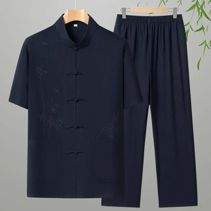 Cotton short-sleeved leisure suit for older men in multiple colour options with two-piece construction