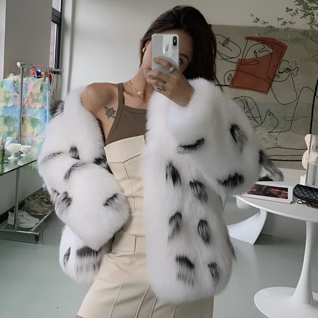 Women's black and white artificial raccoon fur coat with Korean-style slim fit