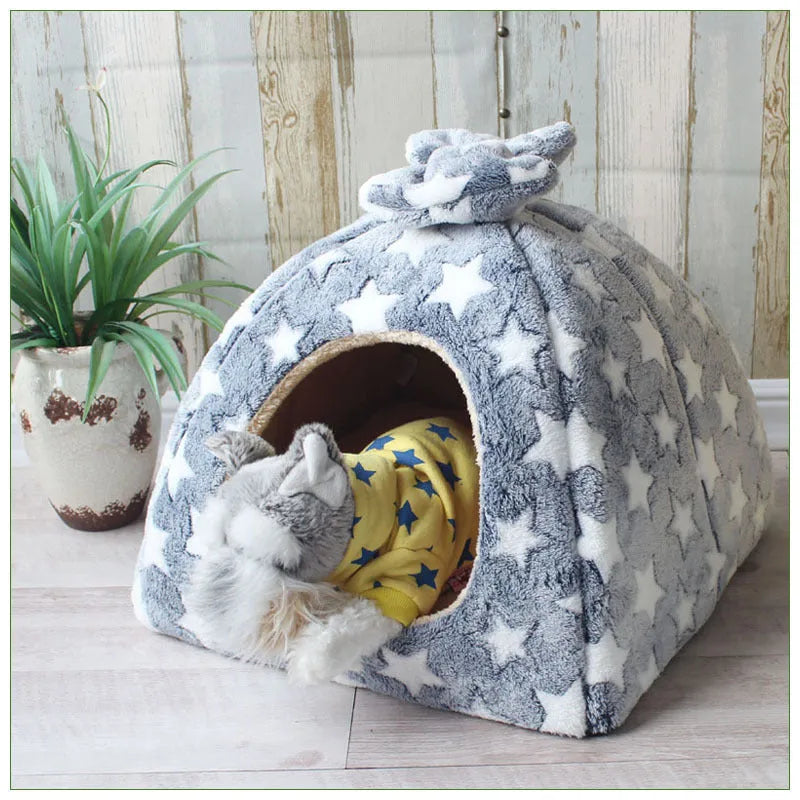 Flannel sponge yurt pet nest in khaki colour for small dogs and cats, enclosed warm design