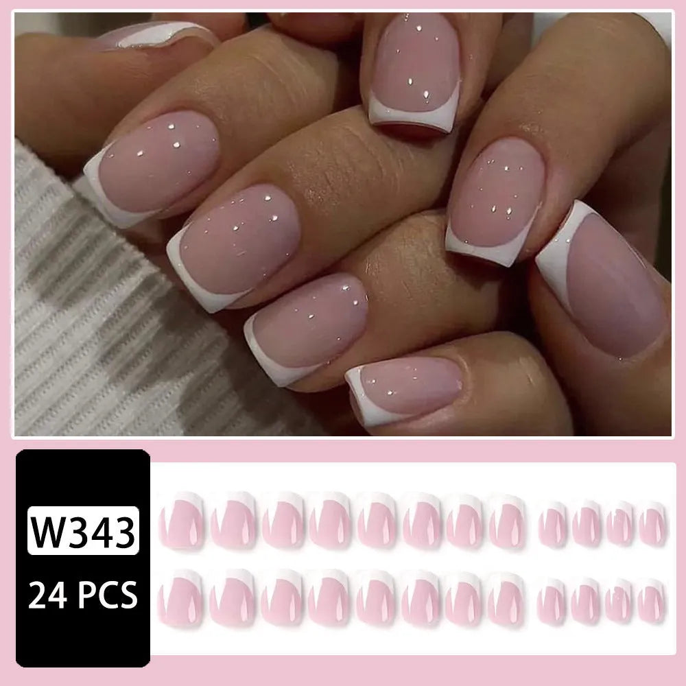 White fake nails with a black and white plaid pattern, 24 pieces in a box.