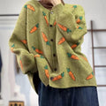 Round neck cardigan sweater with artistic colour print contrast and loose fit design