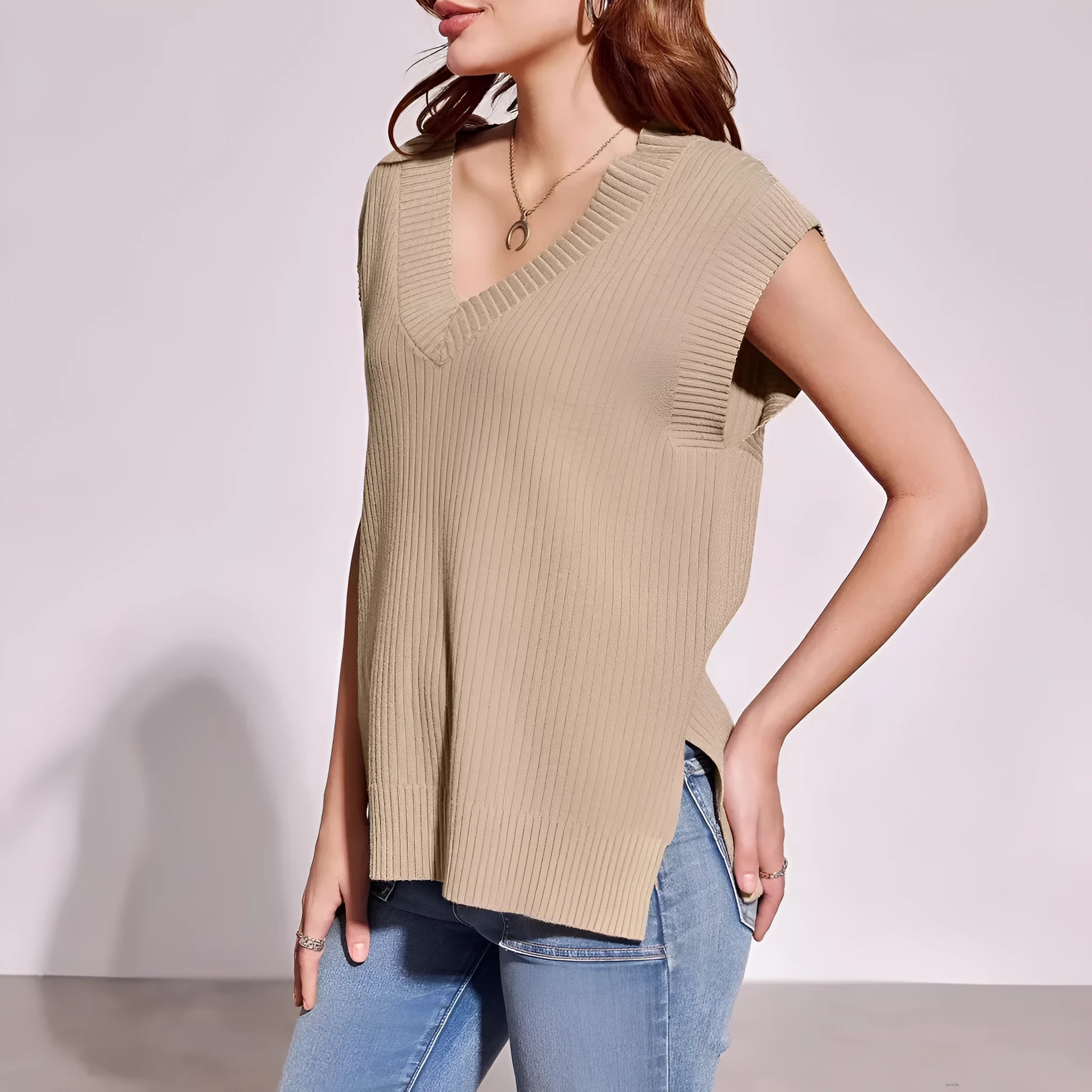 V-neck sleeveless loose pullover vest in camel colour with stripe pattern