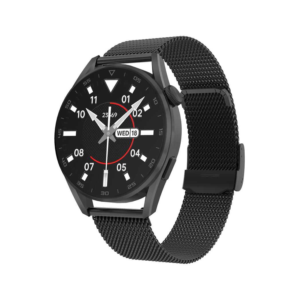 Smart watch with metal wristband showing Bluetooth call function and scan code support on 1.3-inch IPS display