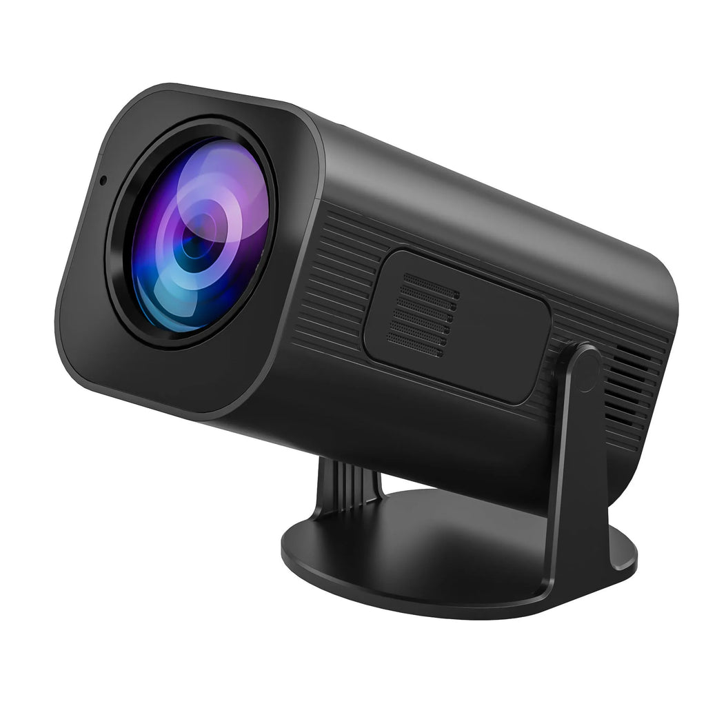 P330 portable mini projector in black or white colour with remote control on a table.