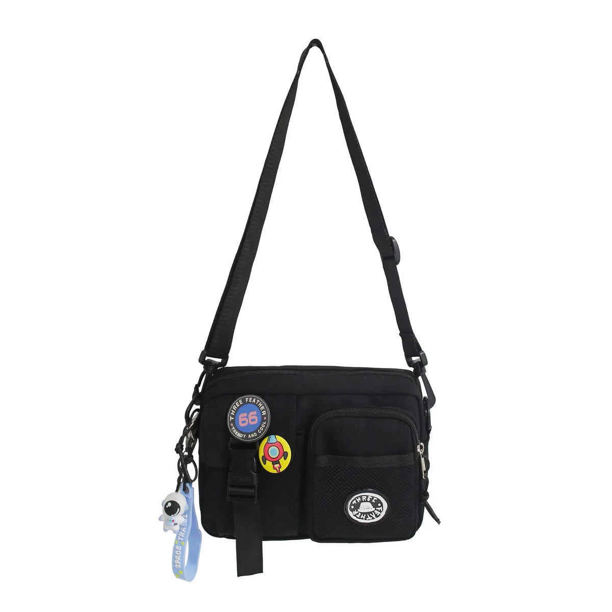 Casual nylon messenger bag for men women waterproof lightweight 22x6x17cm with badge pendants in beige black blue gray
