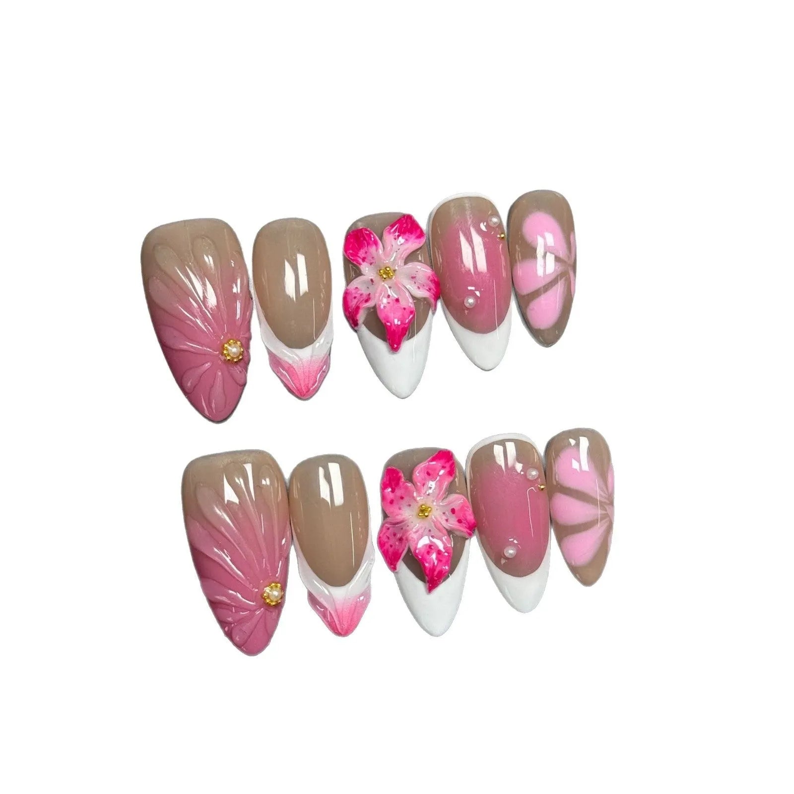 French style lily fluid ice flower three-dimensional false nails with almond shape in plastic wearable armour set