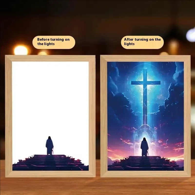 Handmade rectangular LED light painting photo frame showing a spiritual cross design, with USB cable.