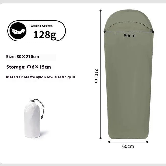 Blue mummy-style camping sleeping bag made from nylon fabric with compressed dimensions